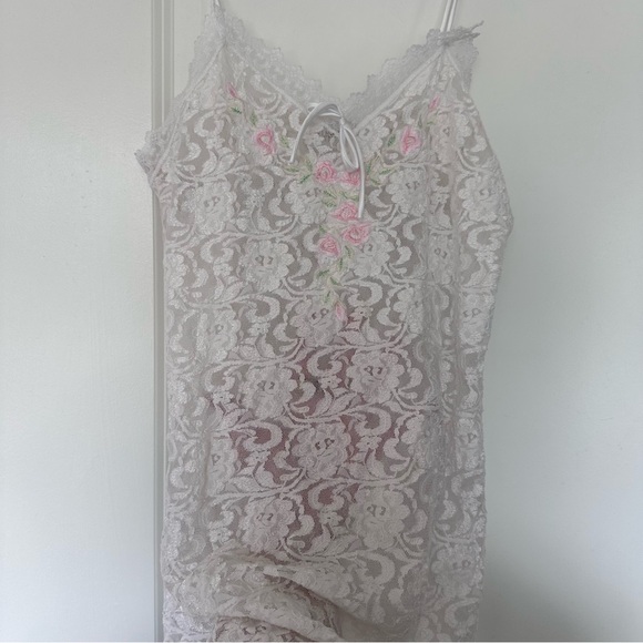 Vintage 'Delicates' (XS/S) White Sheer Lace Chemise Lingerie Slip Dress Floral - Picture 6 of 9